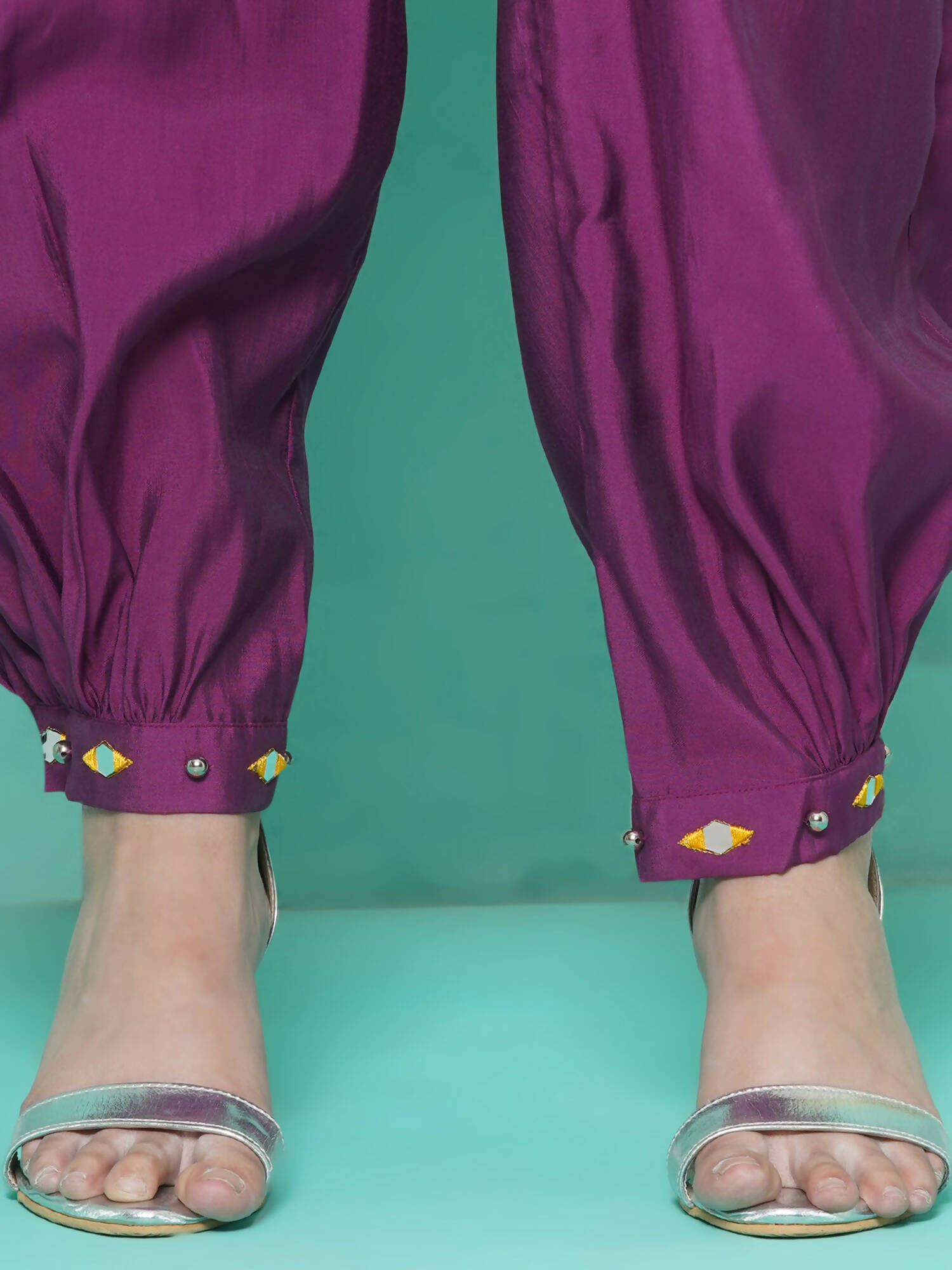 Women Republic Purple Art Silk Embroidered Kurta with Afghani Salwar