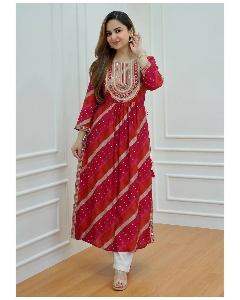 Alvano Women's Sequence Naira Cut Kurti with Pant set Printed Rayon