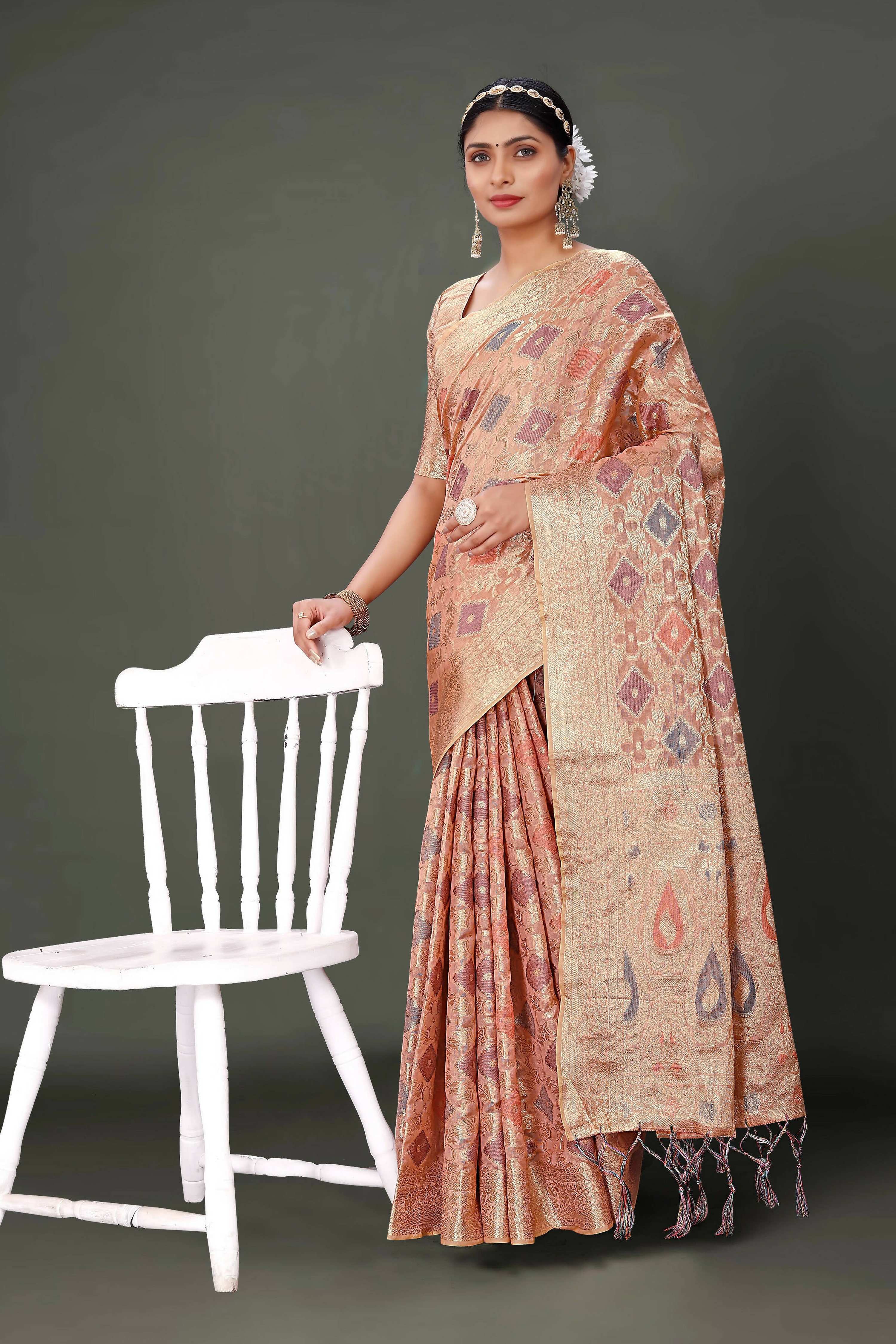 Pink Soft Organza Woven Design Saree With Unstitched Blouse Piece - Zaara