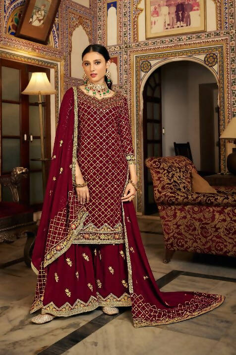 Maroon Heavy Chinon Semi Stitched Kurta with Bottom & Dupatta - Dhvani