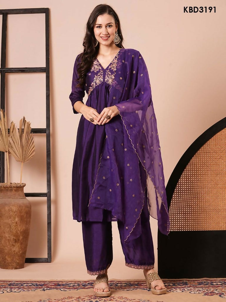 Purple Vichitra Silk Embroidery Work Kurta Set - Riya