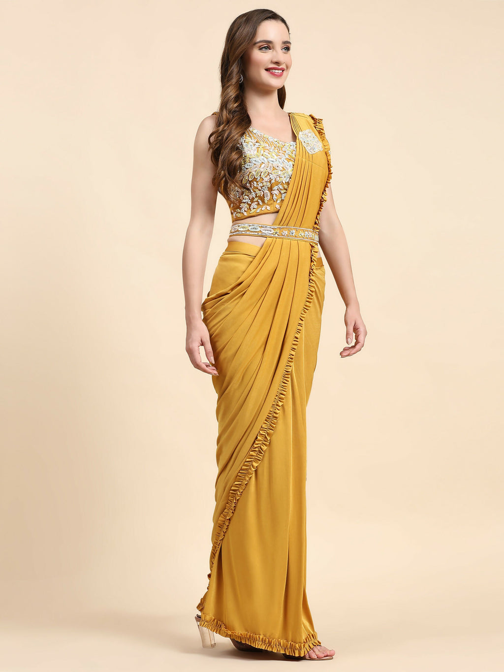 Yellow Lycra Solid Ready to wear Saree with stitched Blouse - Vanita