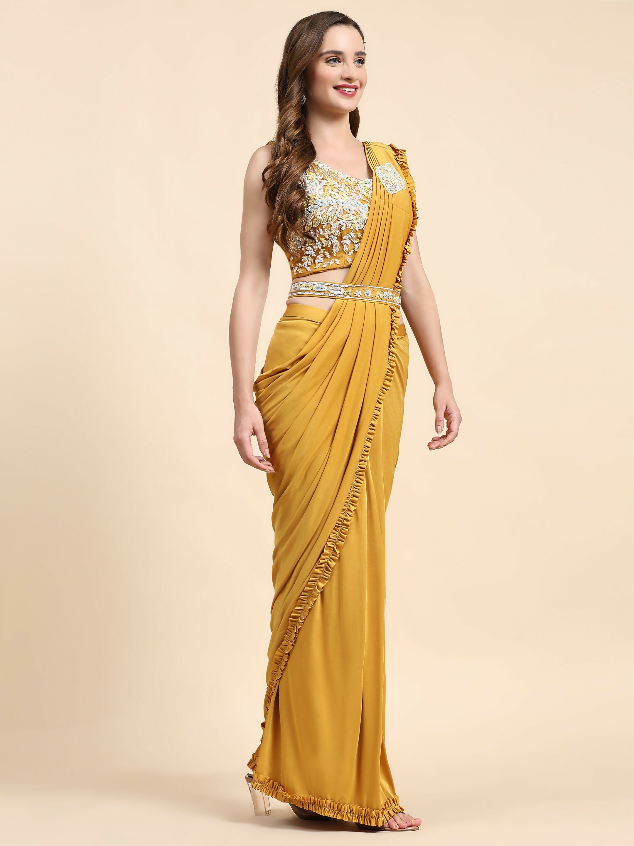 Yellow Lycra Solid Ready to wear Saree with stitched Blouse - Vanita