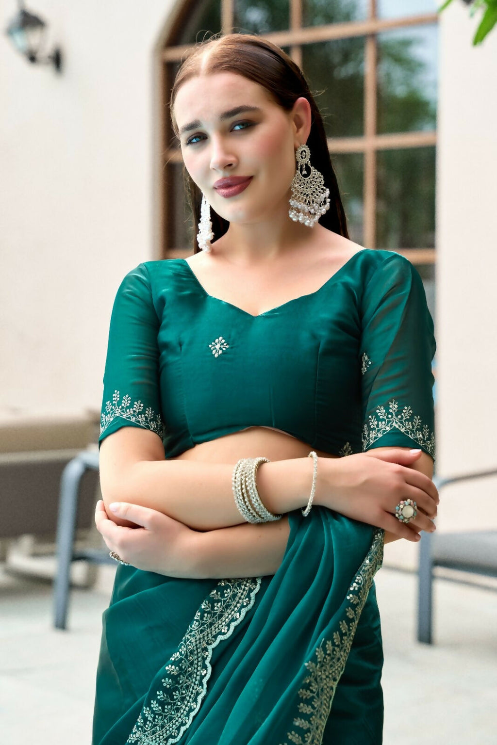 Vastranavya Rama Embroidery Work Shimmer Chiffon Saree with Unstitched Blouse