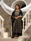 Black Cotton Cambric Printed with Sequins work Anarkali Kurta with Pant & Dupatta - Akashara