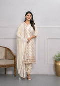 Cream Jequard Silk Embroidery with Thread and sequence Stitched Suit With Dupatta - Tanisha