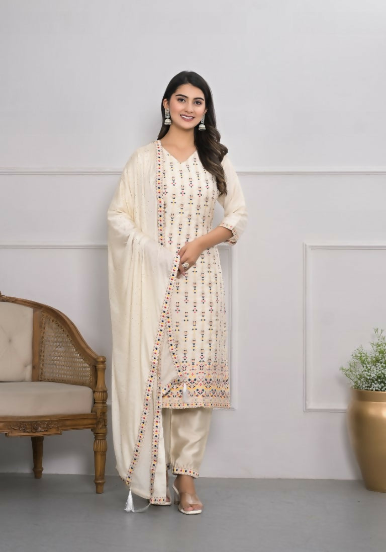 Cream Jequard Silk Embroidery with Thread and sequence Stitched Suit With Dupatta - Tanisha