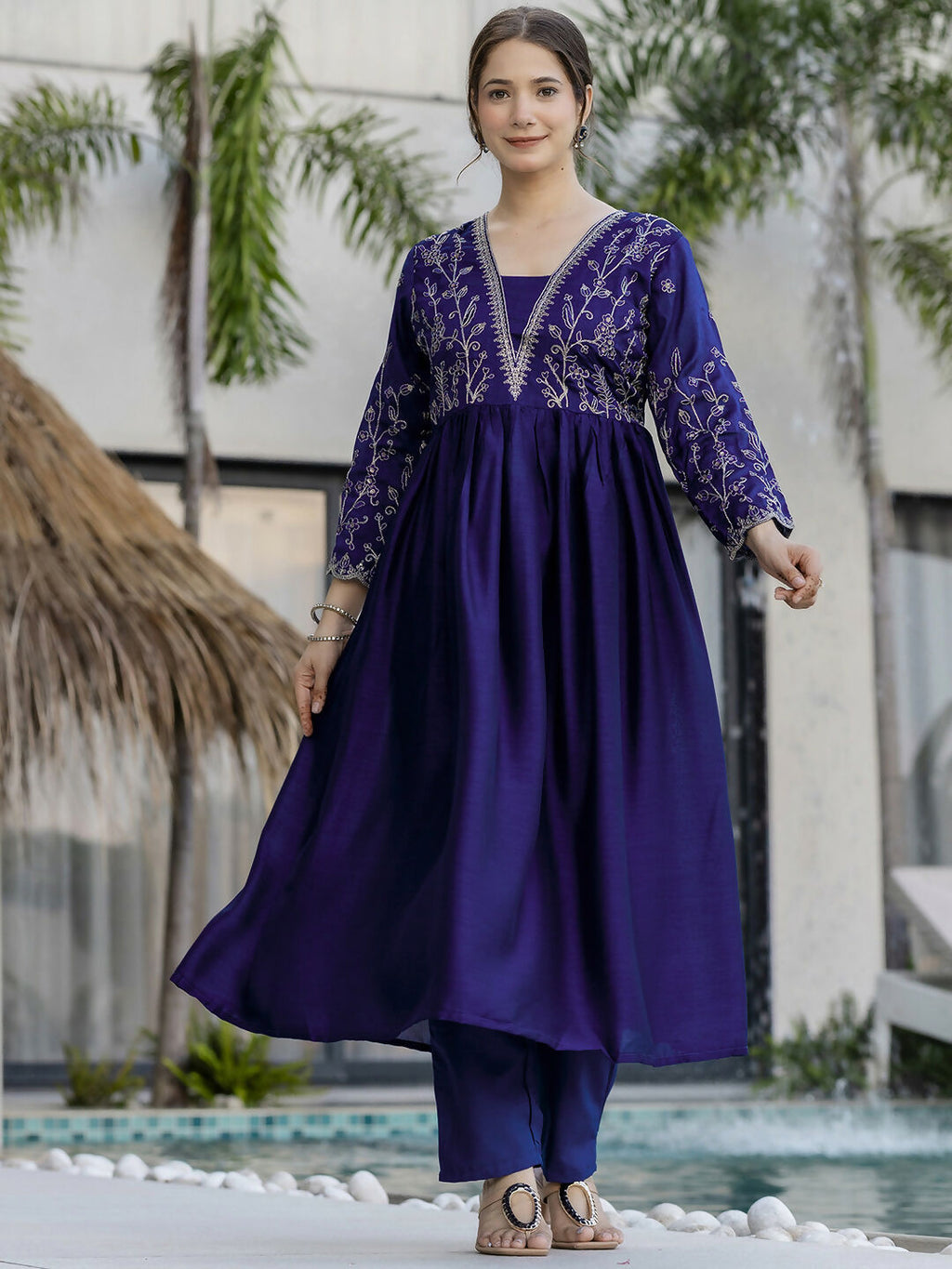 The52 Blue Women's Beautiful Embroidered Vichitra Silk Fabric with Flared Kurta, Pant and Dupatta Set