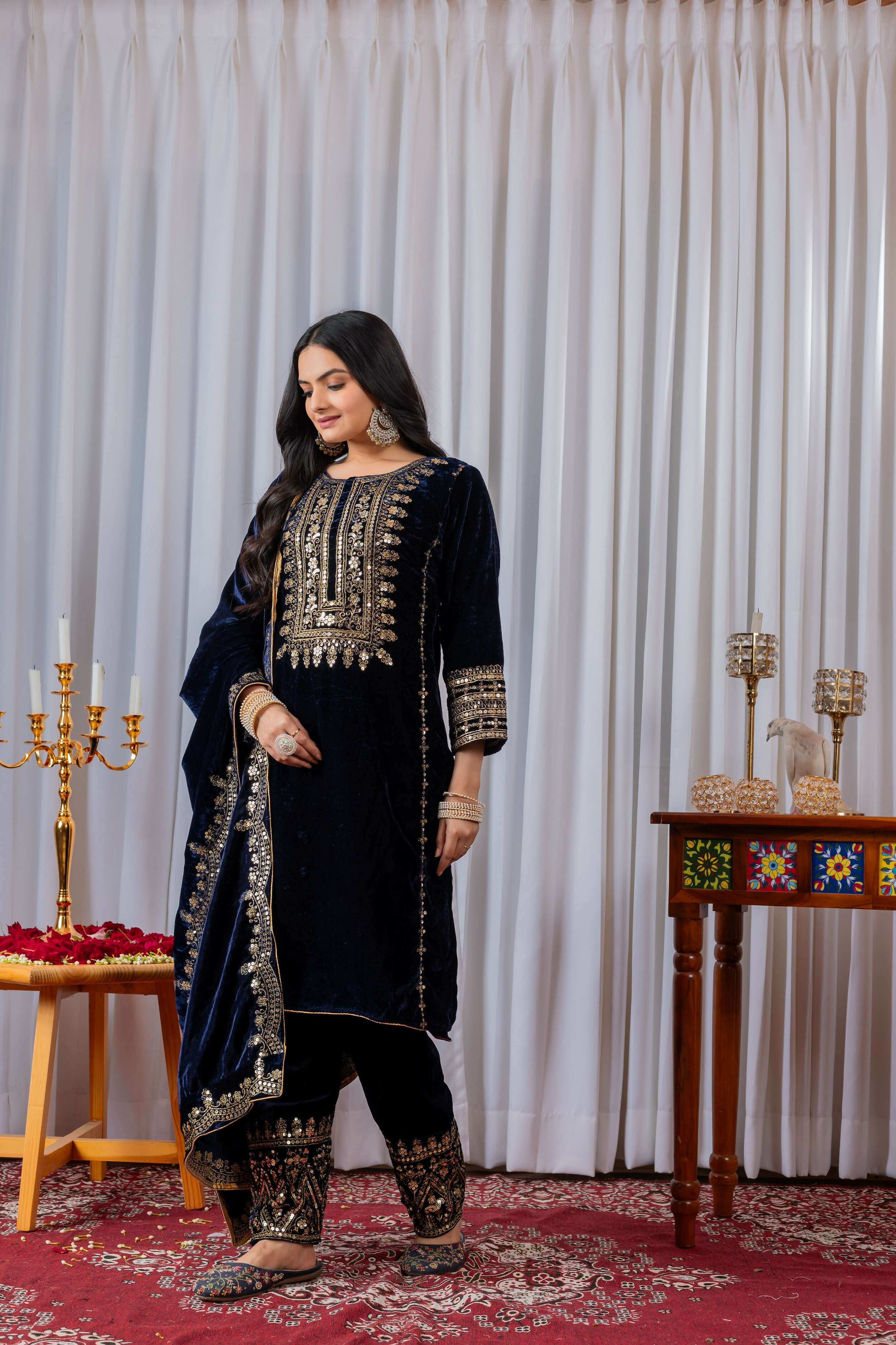 Teeya Creation Blue Color Velvet Designer Embroidery Work party Wear Suit