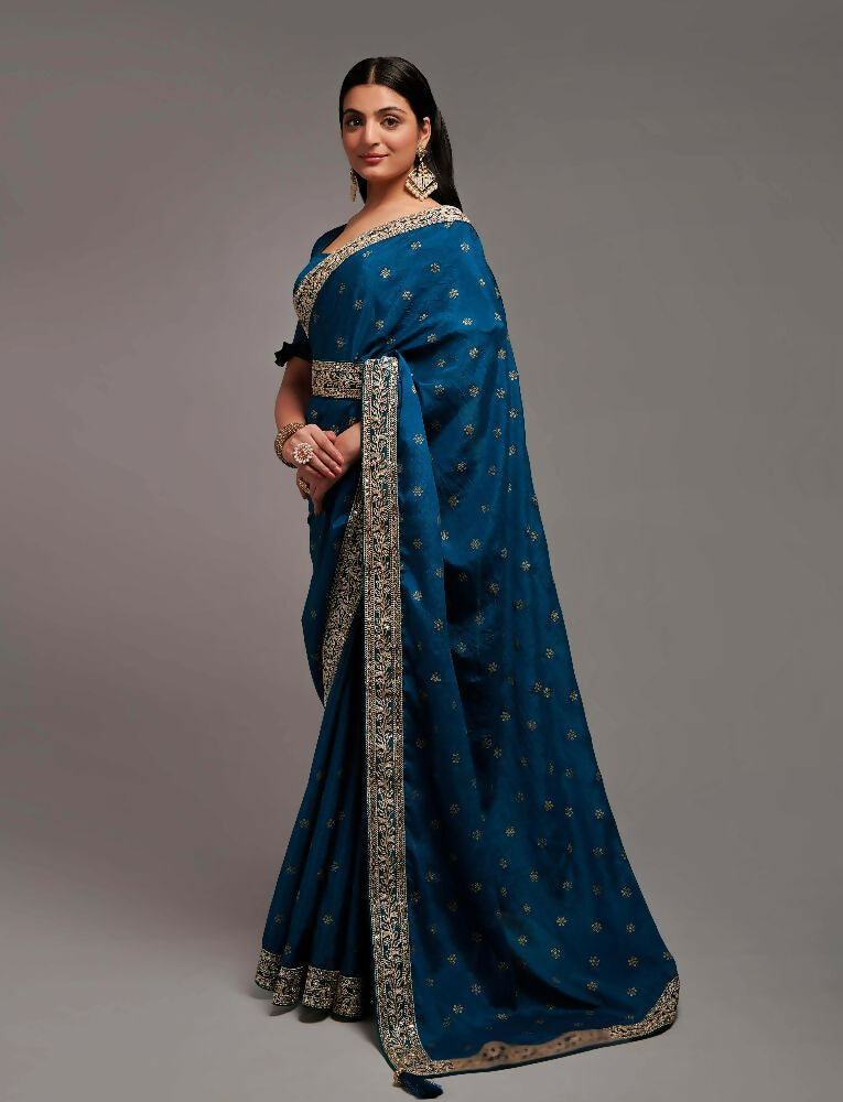 PR Fashion Petrol Chinon Embroidery Lace Saree