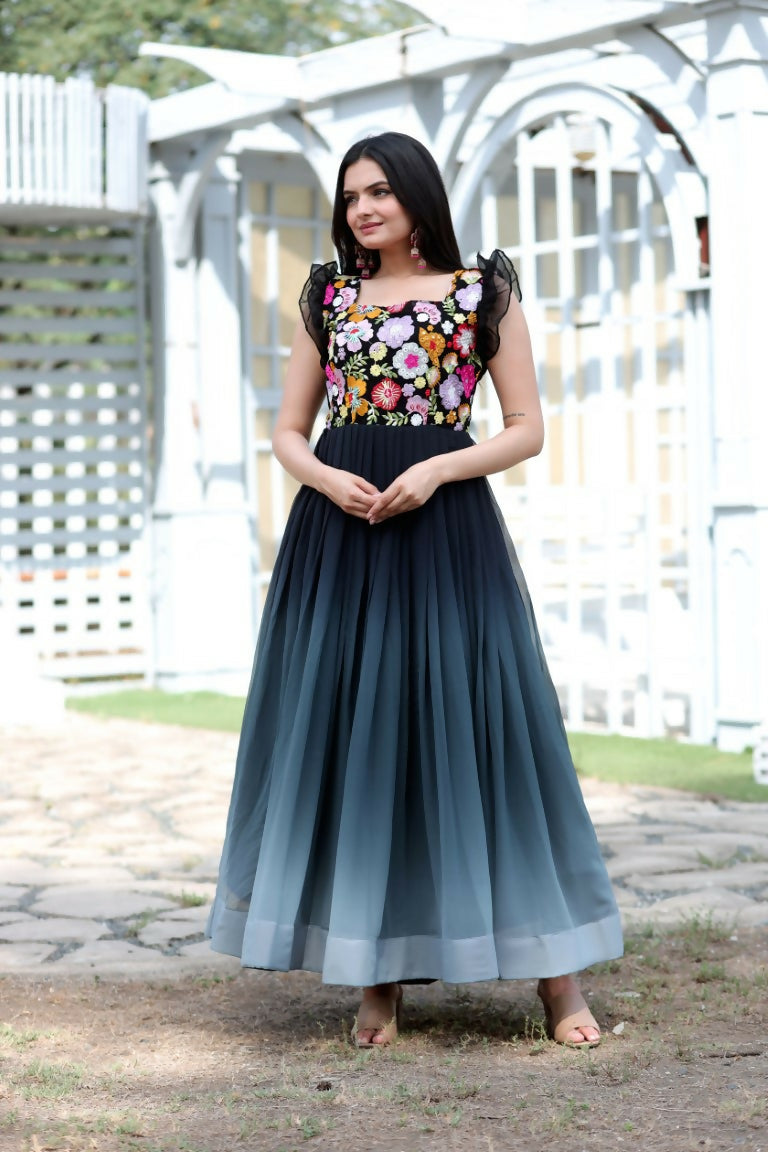 Jyoti Fashion Women's Black Sequins Embroidery Faux Blooming Anarkali Dress