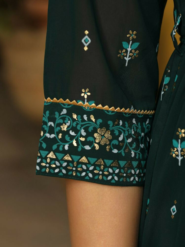 Juniper Green Ethnic Motif Printed Georgette Maxi Dress & Dori With Thread Work