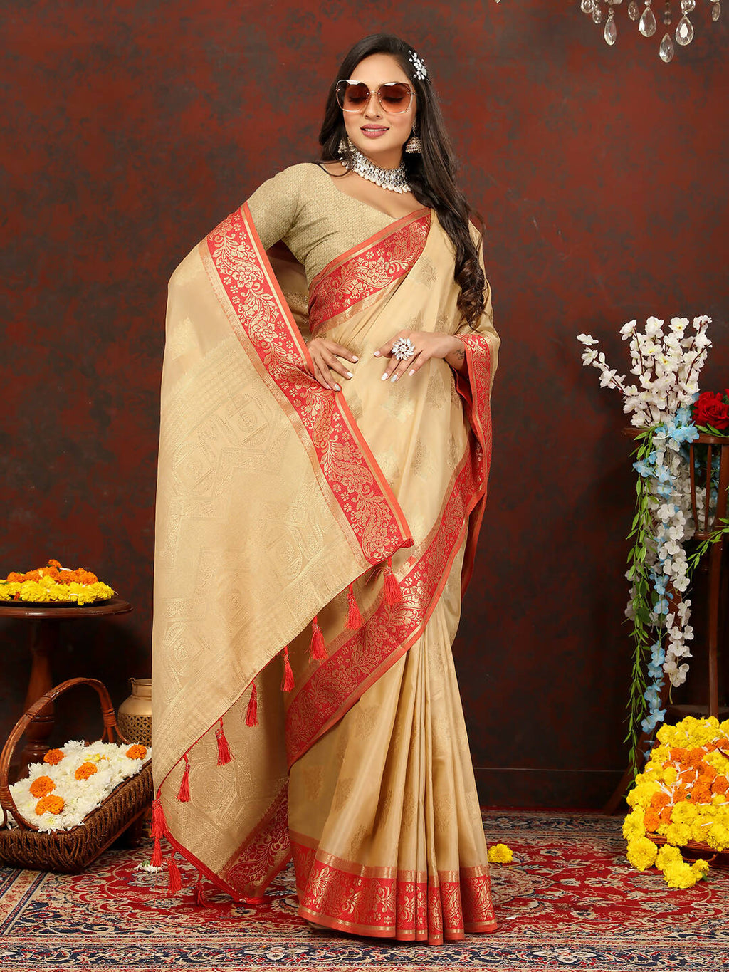 Lorenvalley Fashion Cream Cotton Woven Design with Zari Weaving Design Saree