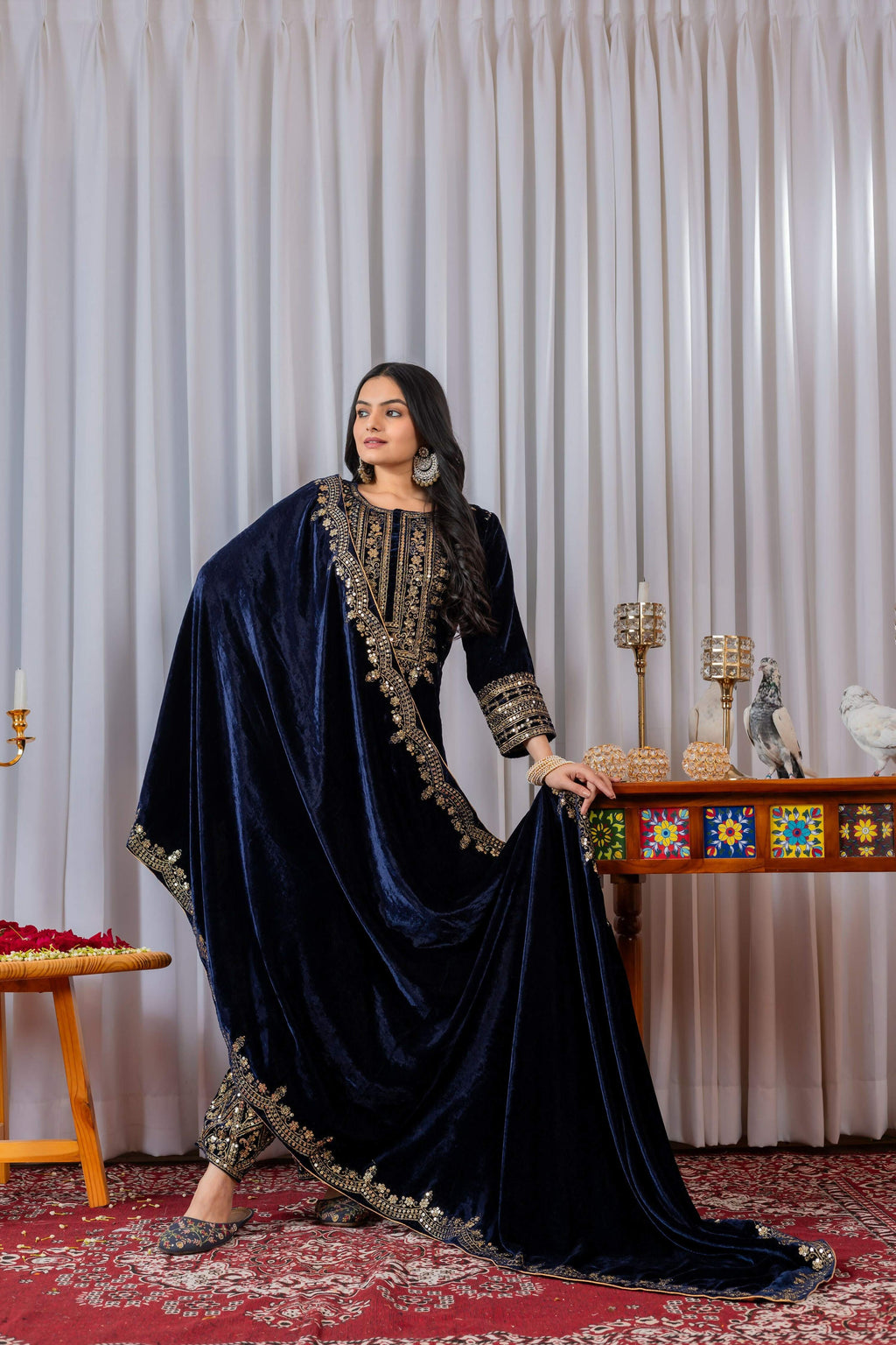 Teeya Creation Blue Color Velvet Designer Embroidery Work party Wear Suit