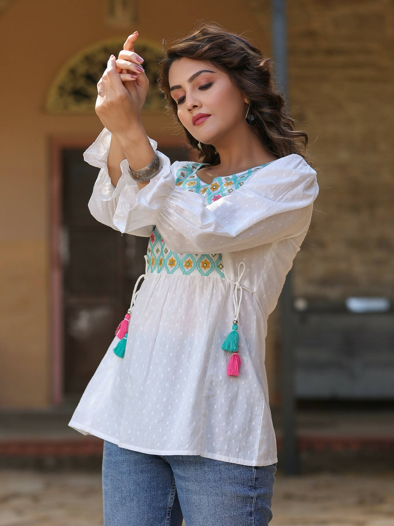 Juniper Women's White Cotton Dobby Solid With Multi Color Embroidered Tunic