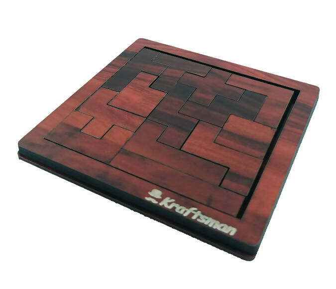 Kraftsman Portable Wooden Tetris Puzzle | 13 Pieces Puzzle Board for Kids and Adults | Travel Pouch Included