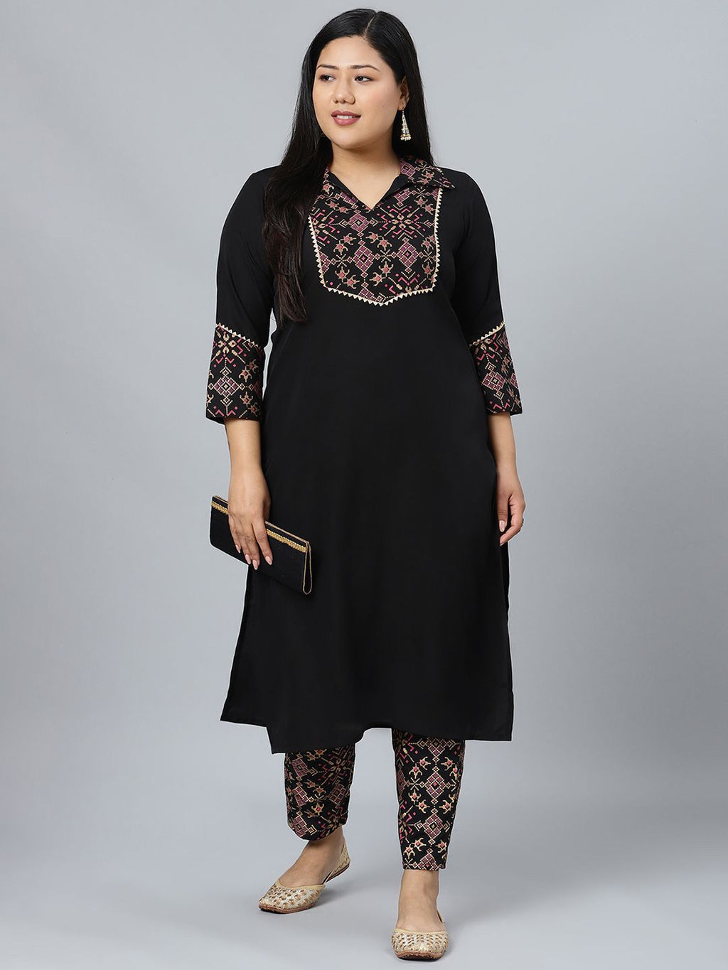 Sztori Plus Size Geometric Printed Shirt Collar Straight Kurta With Trousers