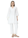 Fab Fashion White Chiken Kari Co-Ord Bell Sleeve V Neck Set
