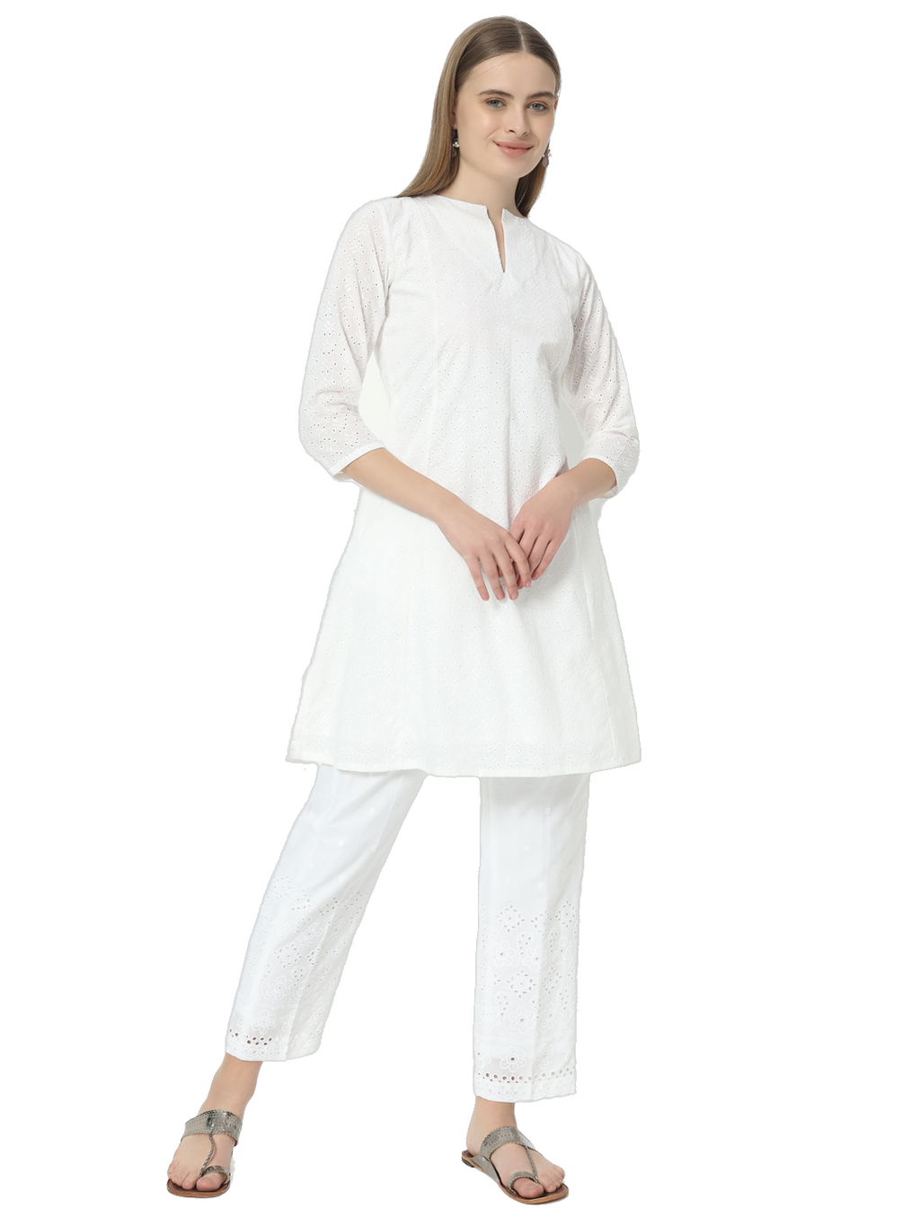 Fab Fashion Pannel White Chiken Kari Co-Ord Set With Round Cut Neck