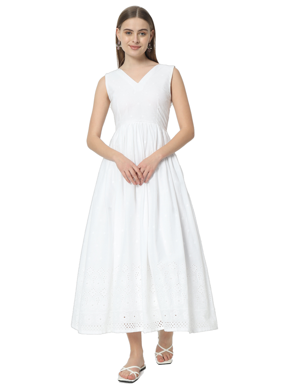 Fab Fashion White Chiken Kari V Neck Gadder Dress
