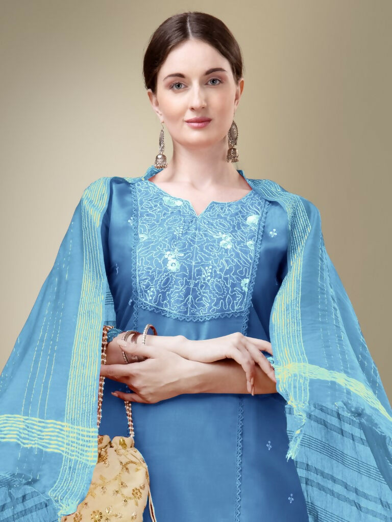 Jyoti Fashion Women's Sky Blue Cotton Blend Embroidery & Fancy Lace work Kurta with Trouser & Dupatta