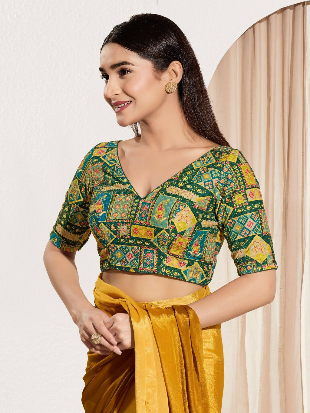 Joban Fashion Bottle Green Viscose Rayon Padded Blouse With V Neck Elbow Sleeves