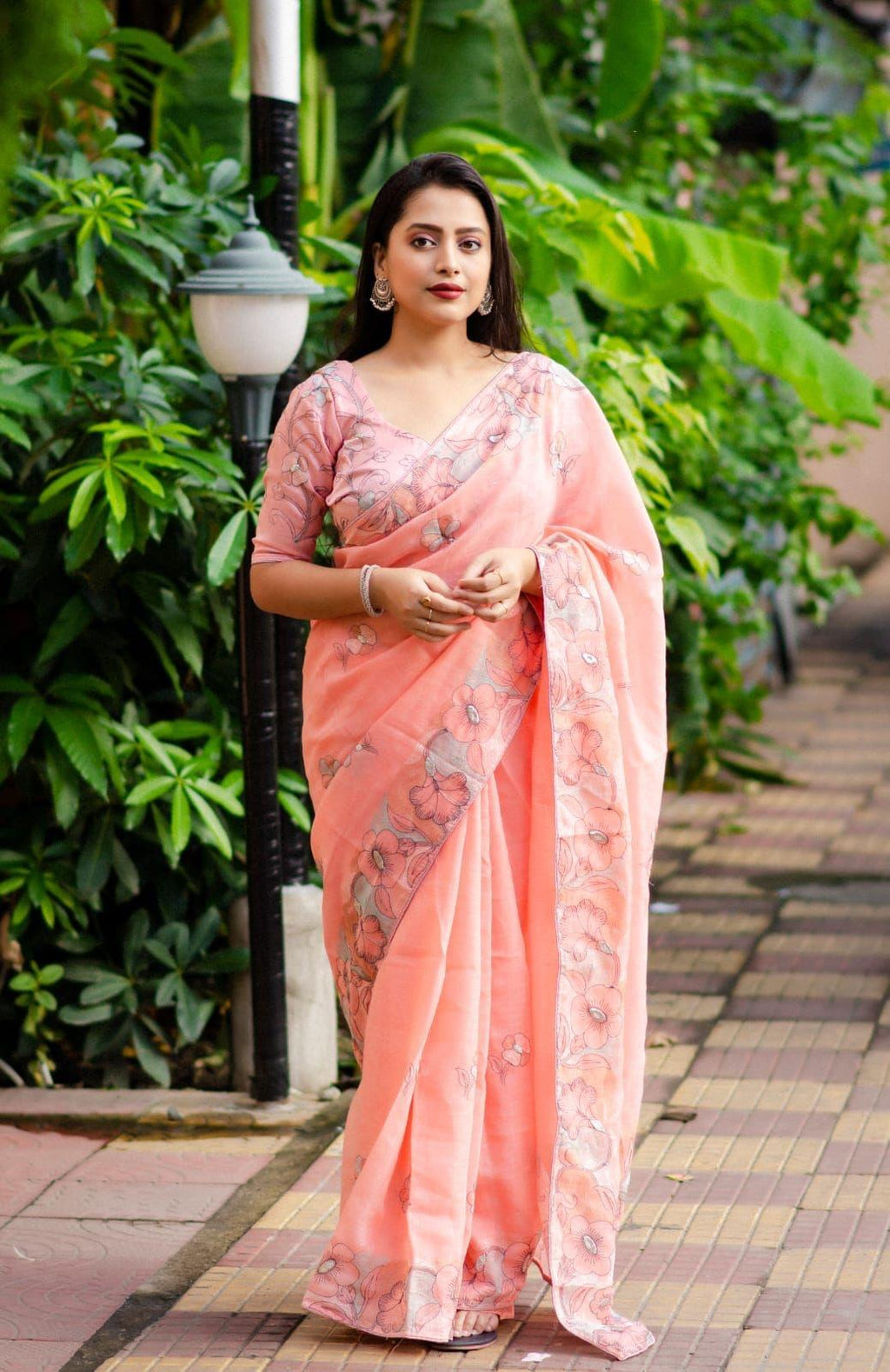 Pink Pure Linen Ethnic Motifs Saree with Unstitched Blouse - A2M