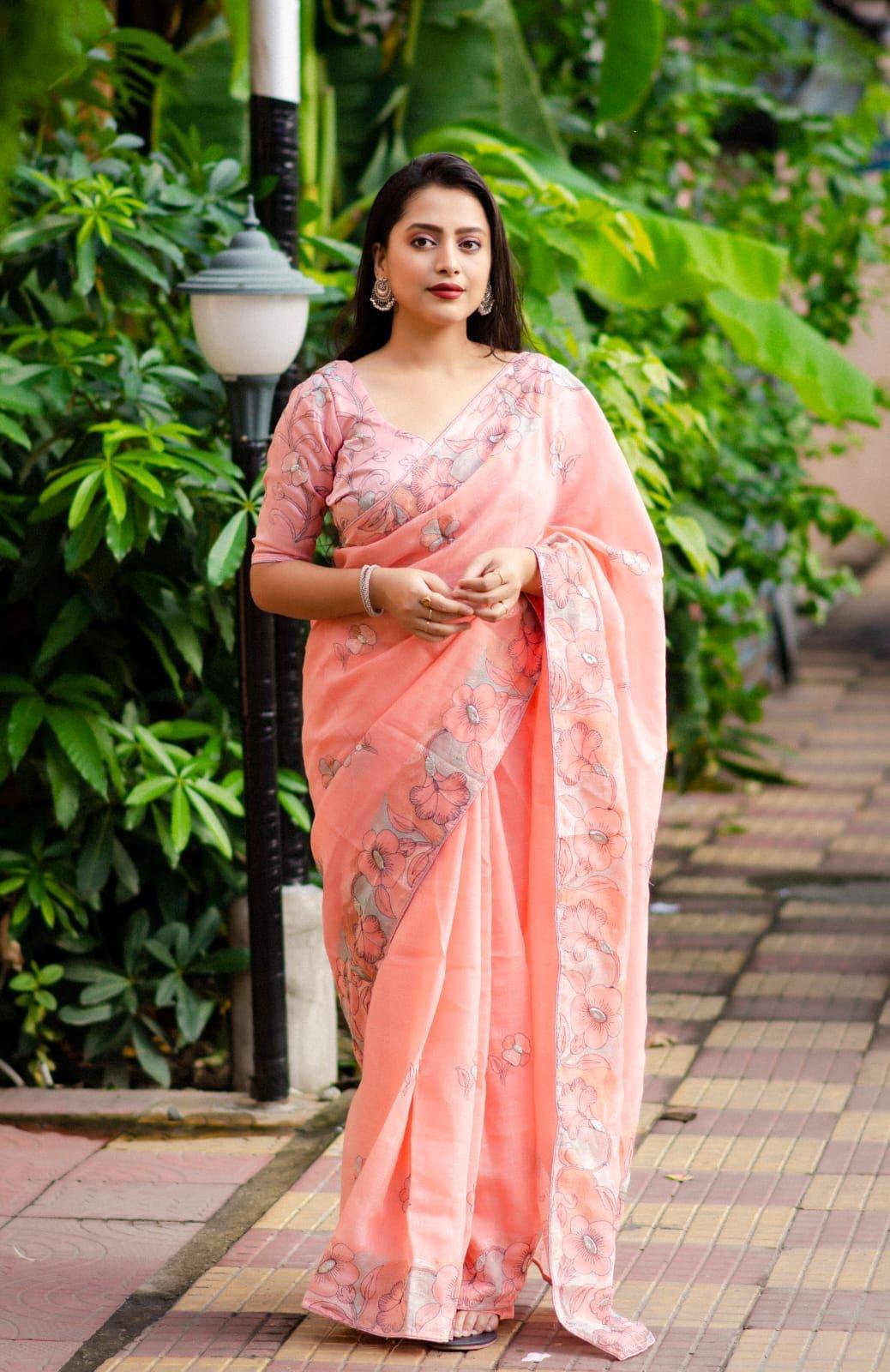 Pink Pure Linen Ethnic Motifs Saree with Unstitched Blouse - A2M