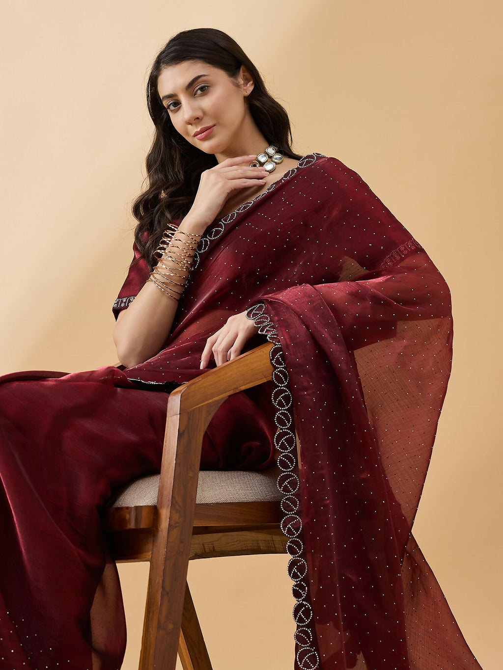 Brown Organza Swaroski Diamond Work Saree with Unstitched Blouse - Radha