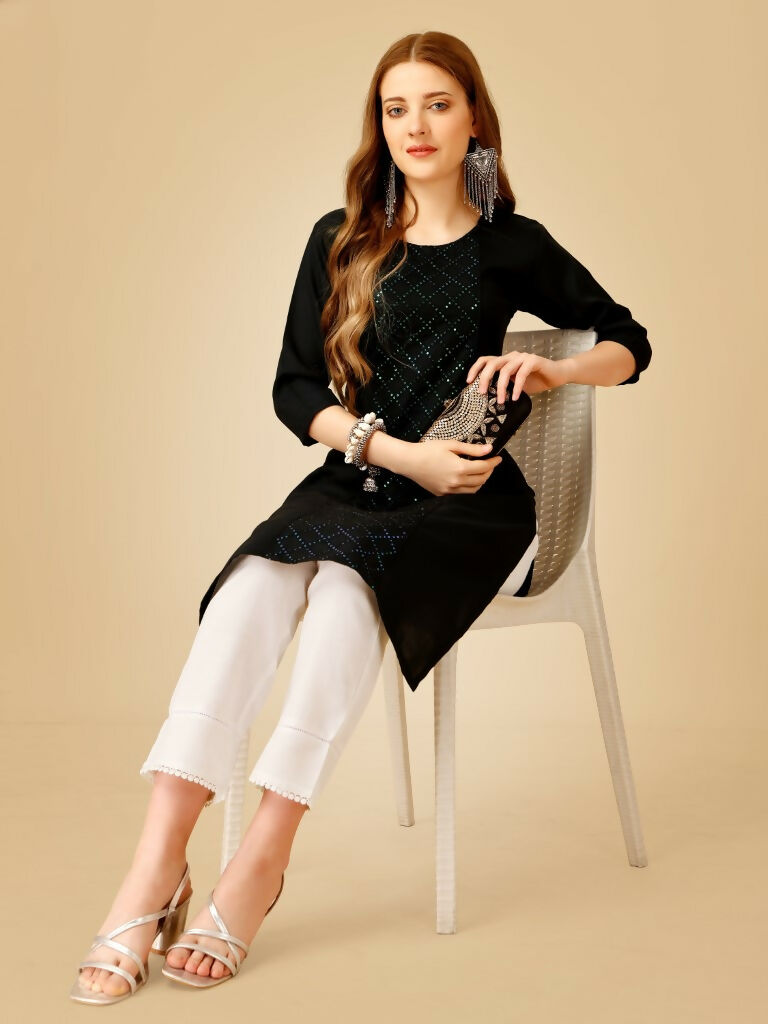 Jyoti Fashion Women's Black Cotton Blend Embroidered Kurta Pant Set