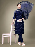 Jyoti Fashion Women's Navy Blue Cotton Blend Embroidery & Sequence work Kurta with Trouser & Dupatta
