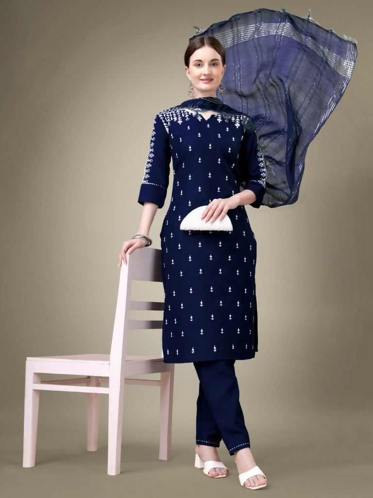 Jyoti Fashion Women's Navy Blue Cotton Blend Embroidery & Sequence work Kurta with Trouser & Dupatta