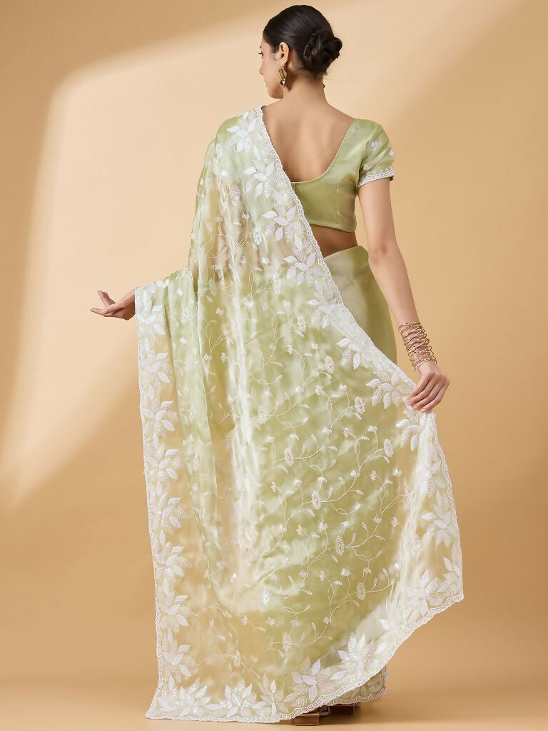 Green Tissue Slub Embroidered Saree with Unstitched Blouse - Vairagi