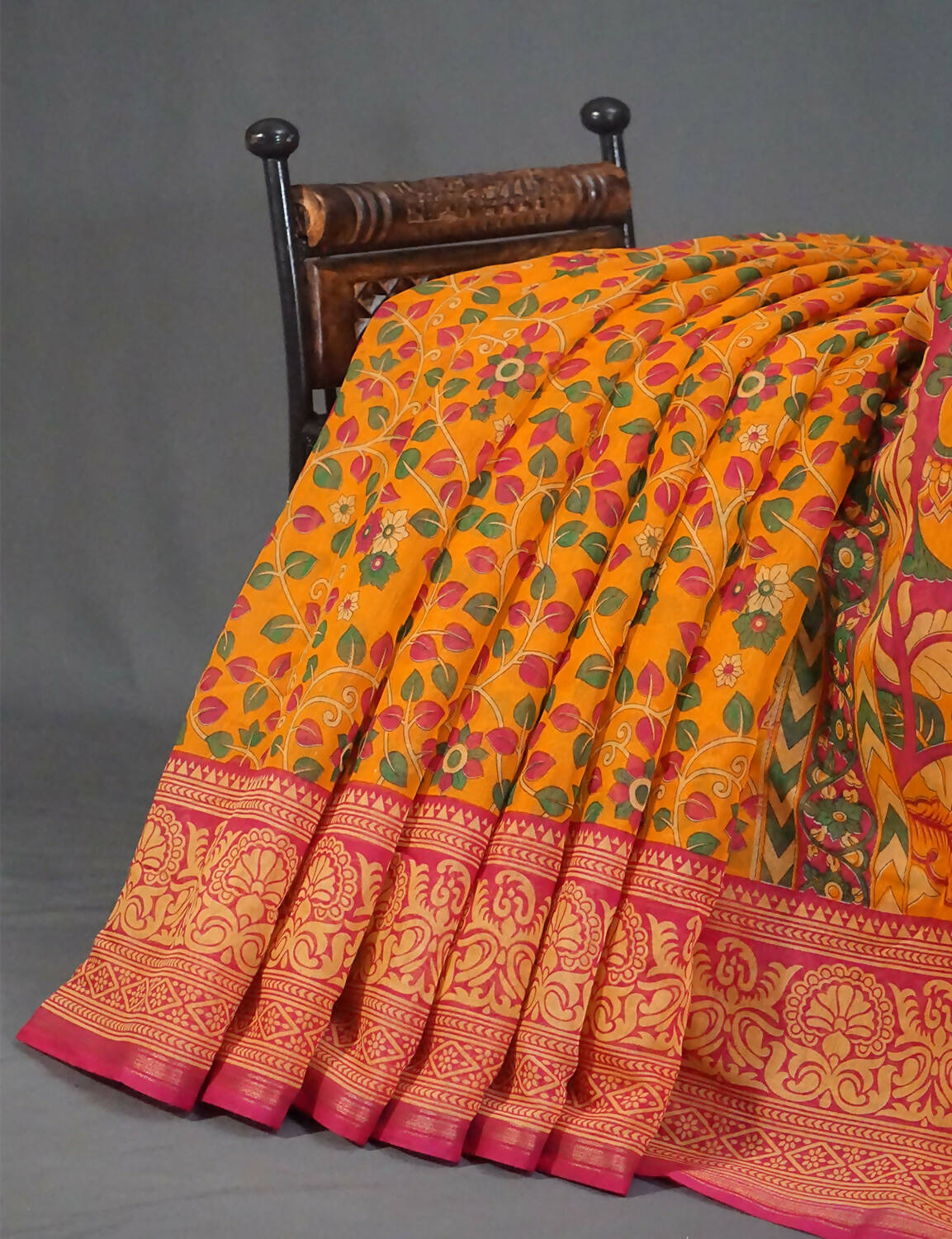 Shades Of Yellow Kalamkaari Design Semi Chanderi Saree With Contrast Blouse By Gayathri Reddy Designer Studio