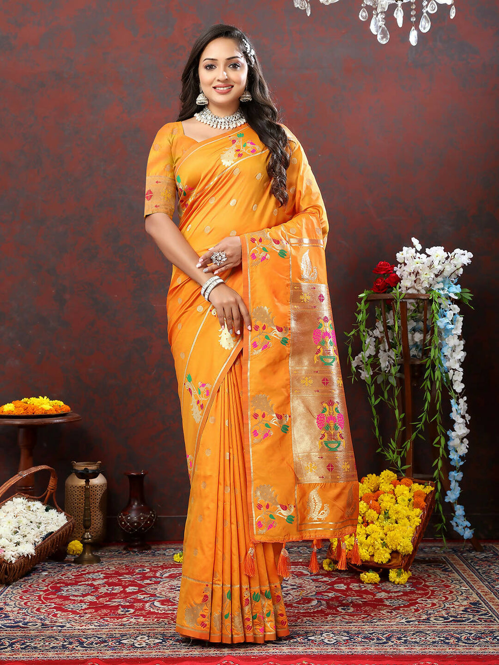 Lorenvalley Fashion Orange Soft Paithani Silk Woven Design Gold Zari Meenakari Weaving Saree