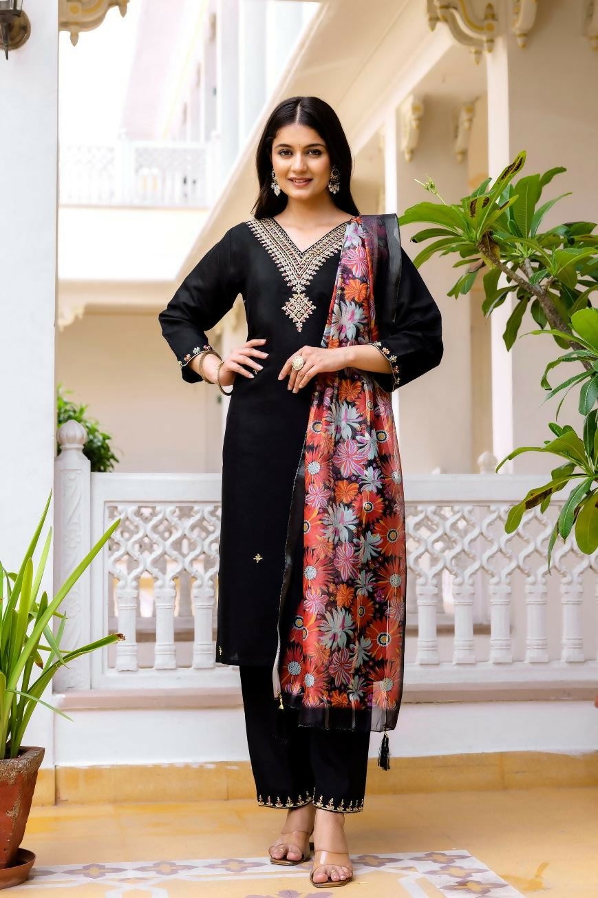 The52 Black Women's Beautiful Viscose Chanderi Fabric Embroidered Work Straight Kurta Pant and Dupatta Set