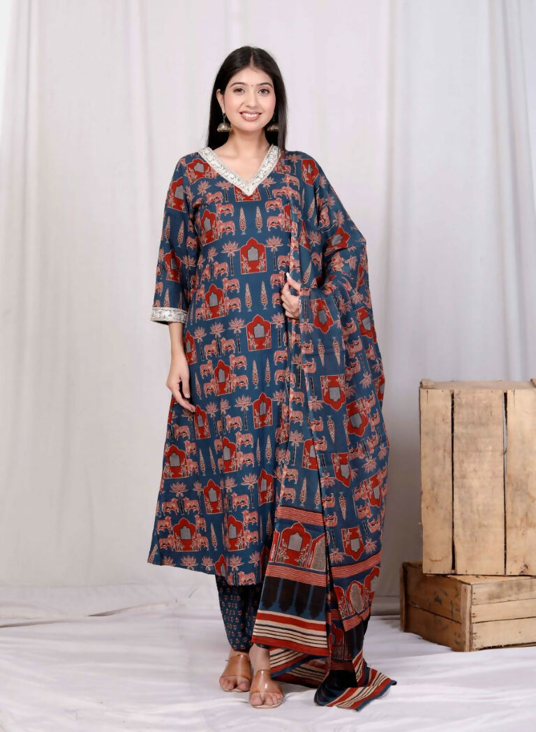 Miravan Women's Pure Cotton Animal Printed Zari Lace Work Blue Jaipuriya Anarkali Suit Set