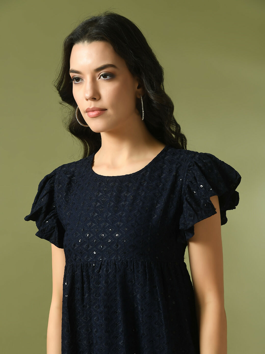Myshka Women's Navy Blue Embroidered Cotton Round Neck A-Line Party Dress