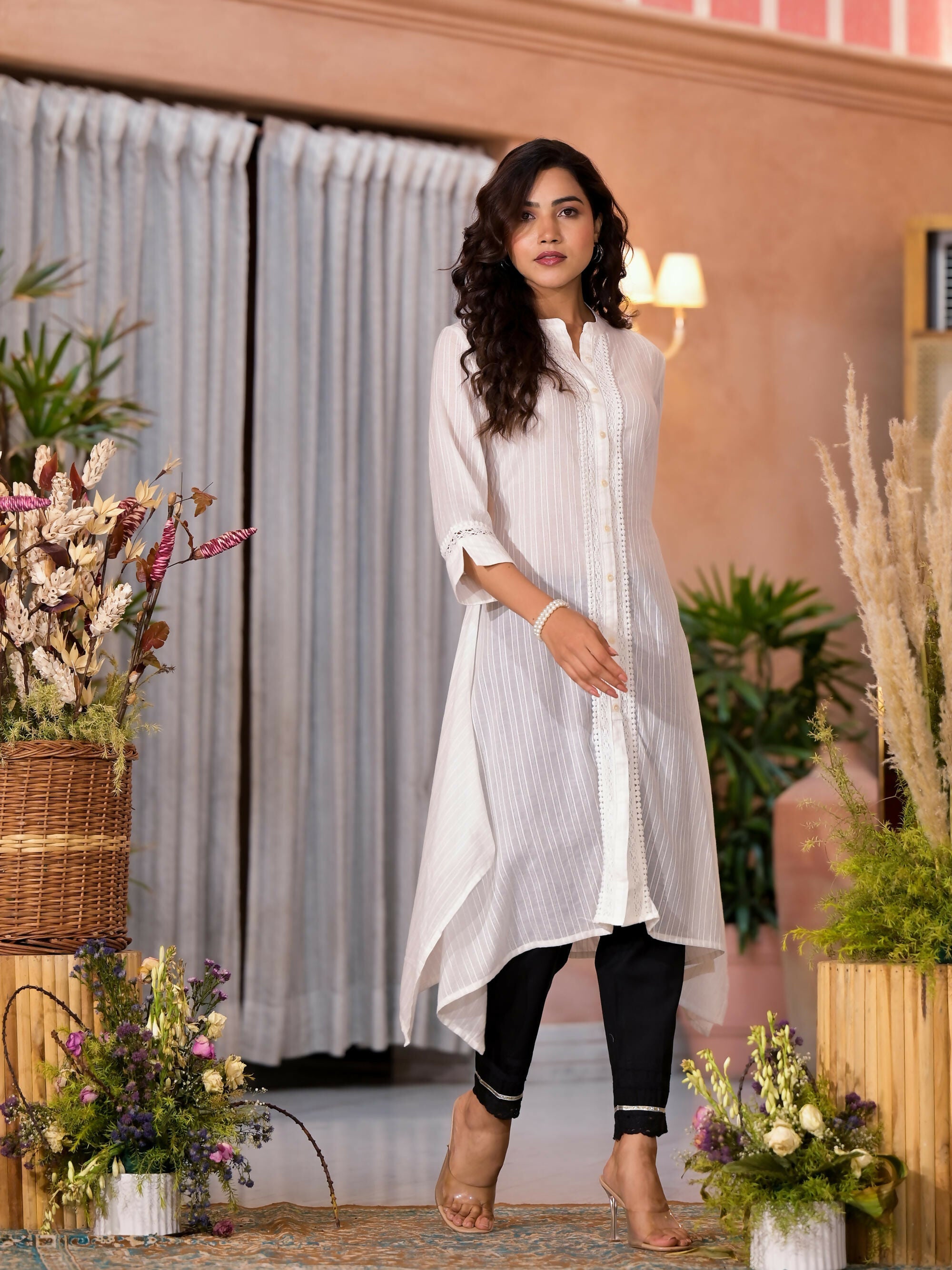 Juniper Women's Off White Thread Embroidered Cotton Asymmetrical Kurta With Button Closure