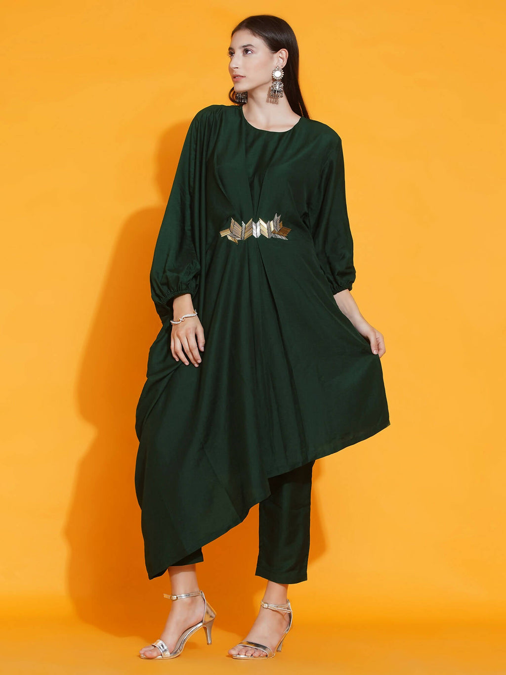 Women Republic Green Fusion Style Kurta With Hand Embellishment And Pants