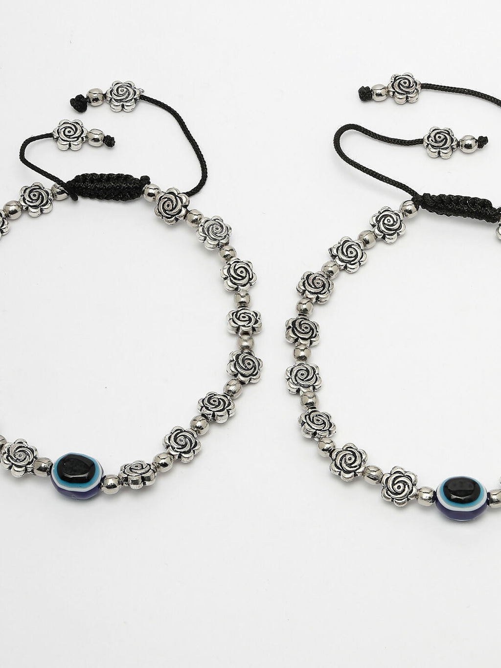 NVR Women's Evil Eye Black Silver Plated Adjustable Anklets
