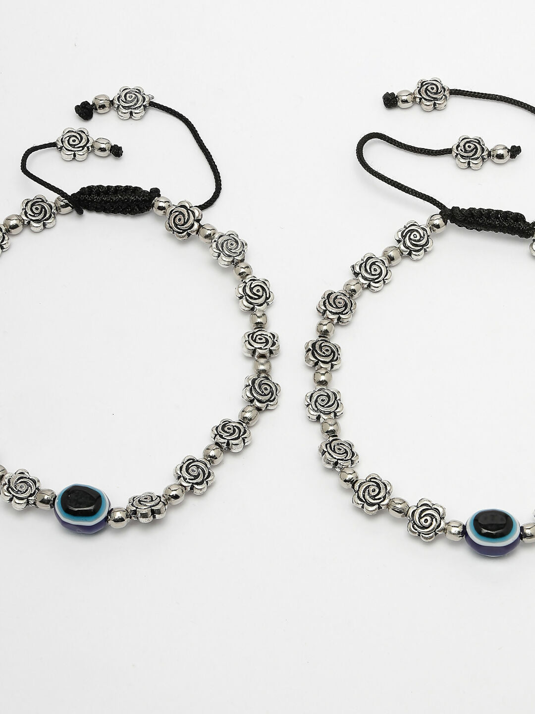 NVR Women's Evil Eye Black Silver Plated Adjustable Anklets