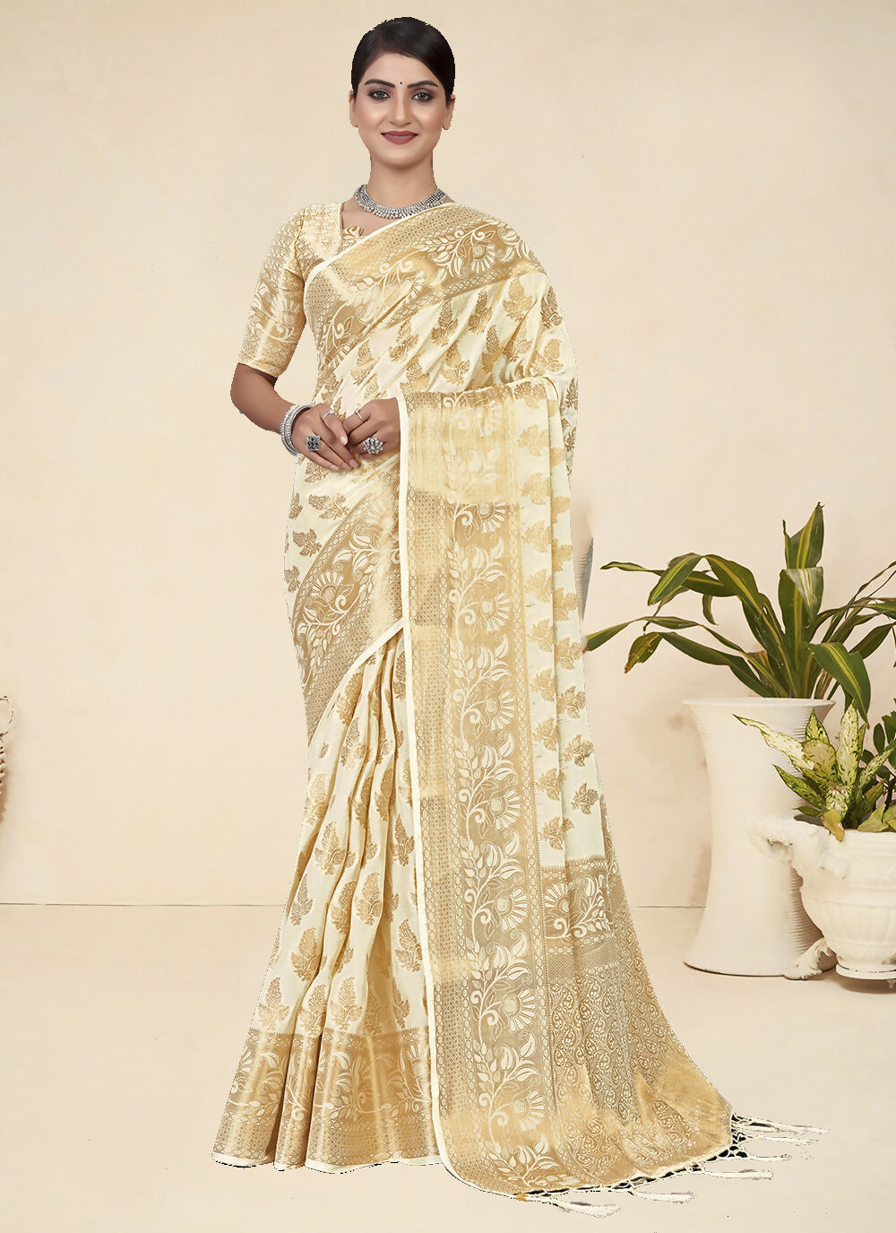 Cream Viscose Weaving Designer Saree - Vandini