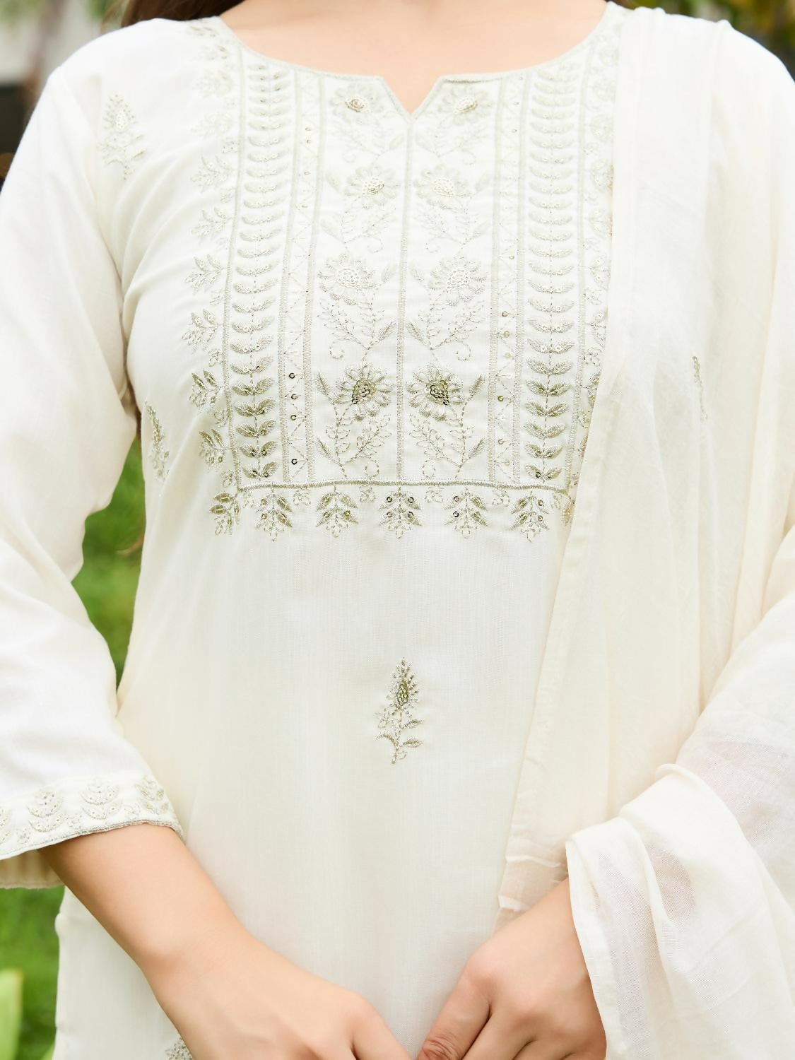 The52 White Women's Beautiful Rayon Slub Fabric Embroidered Work Straight Kurta, Pant and Dupatta Set