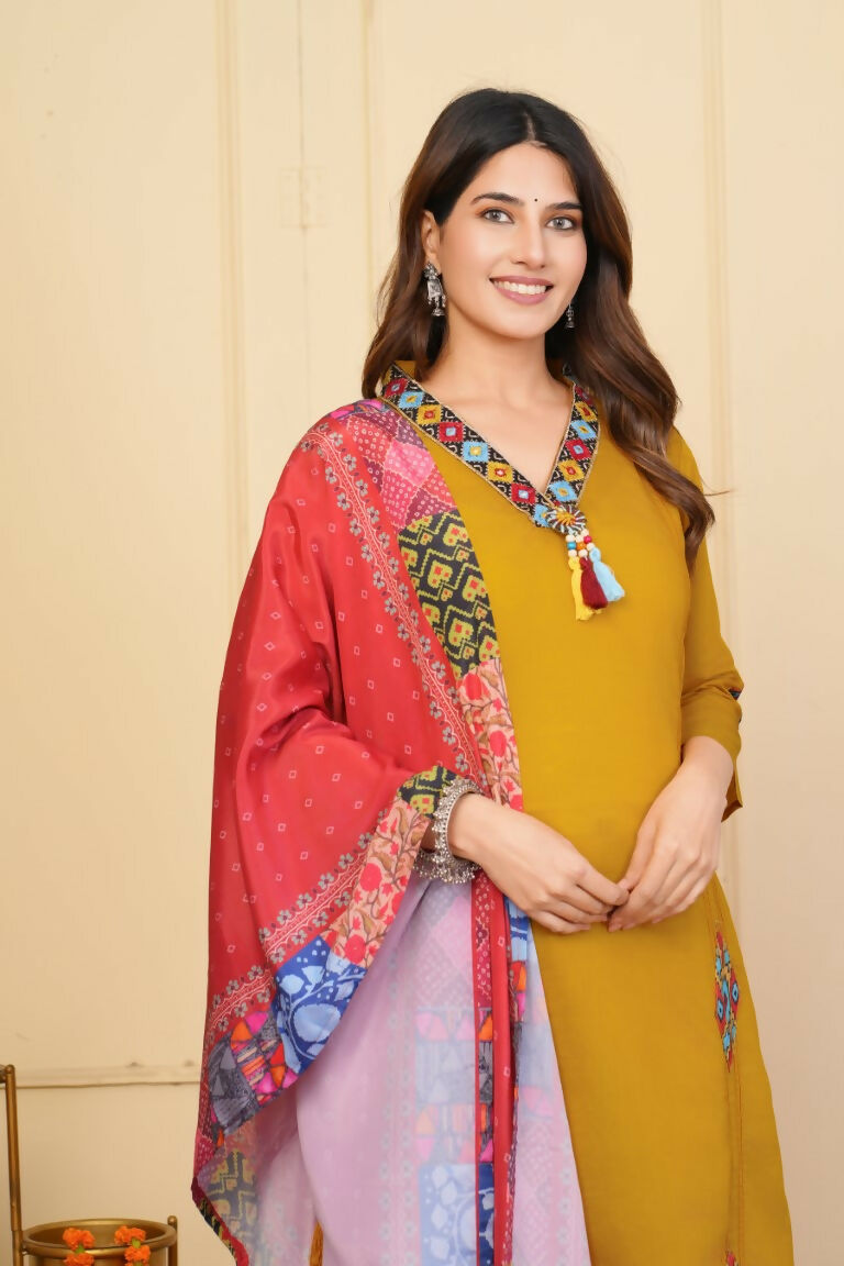 Mustered Viscose Chanderi Embroidered Stitched Suit With Dupatta - Tanisha