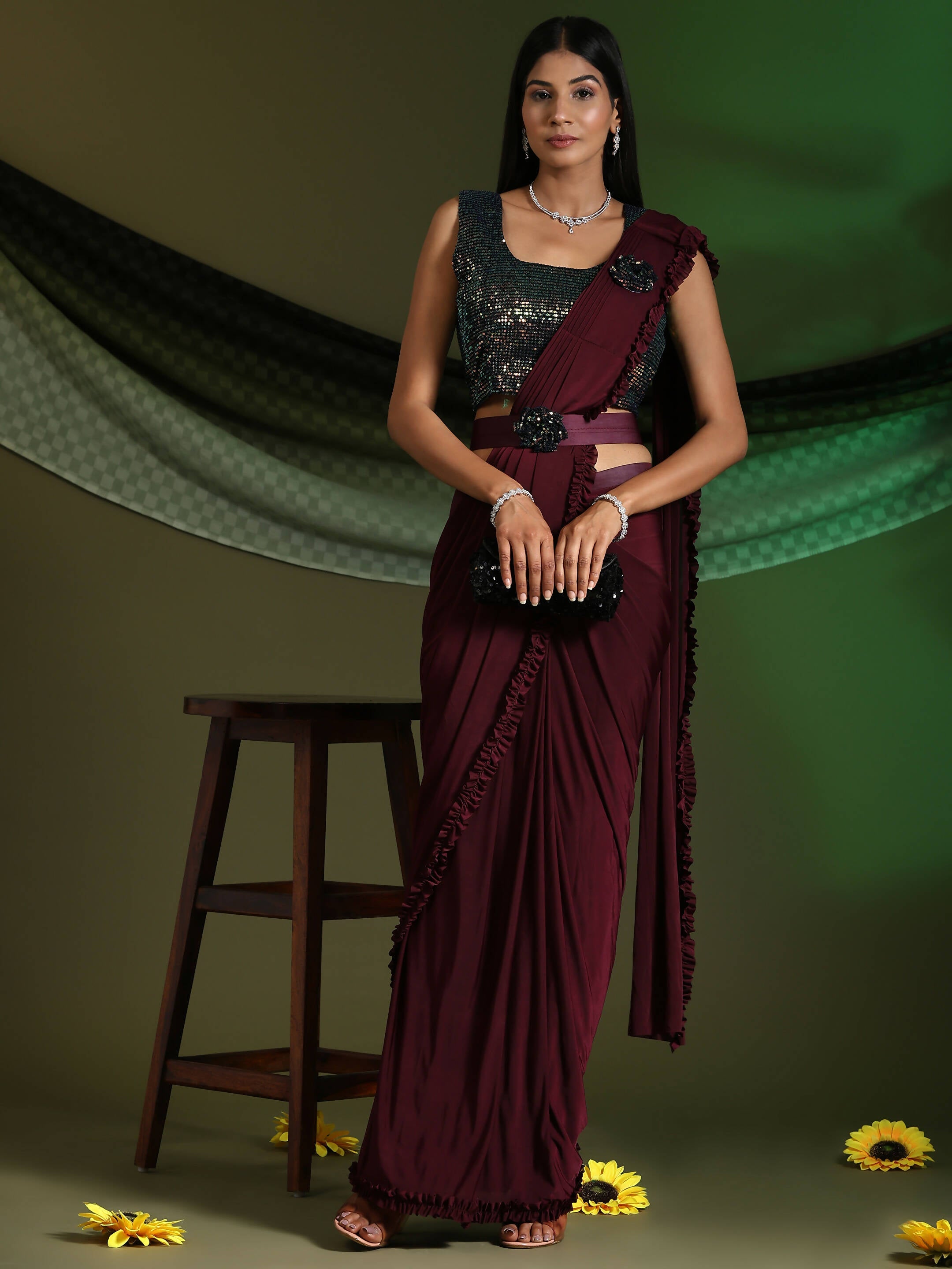 Maroon Imported Fabric Plain Ready to wear Saree with stitched Blouse - Vrinda