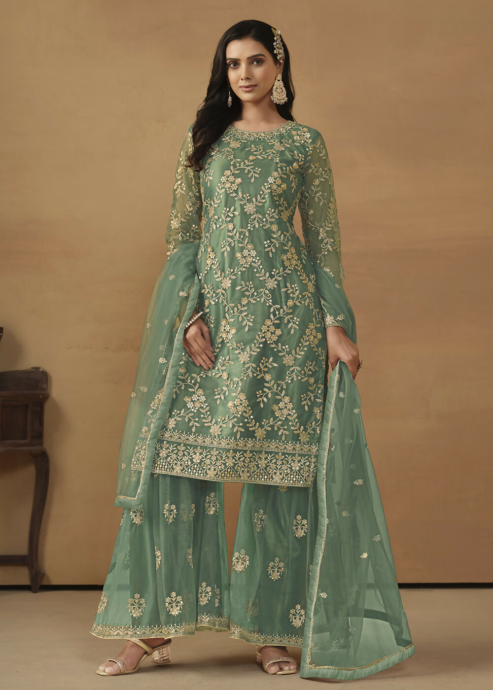 Sea Green Net Embroidered Wedding Festive Gharara Suit - Emponline