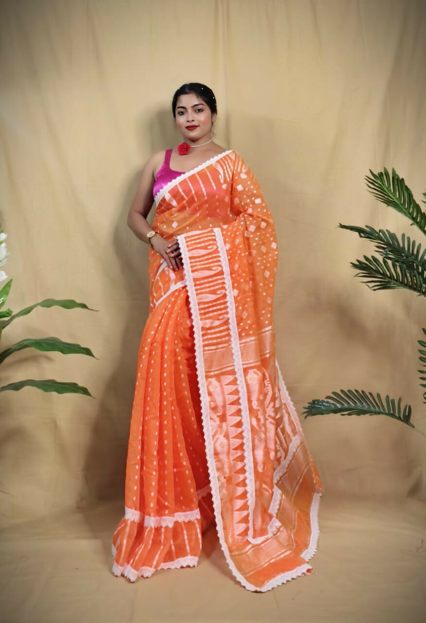 Exclusive Collection Beautiful Orange Jaal Jamdani Saree
