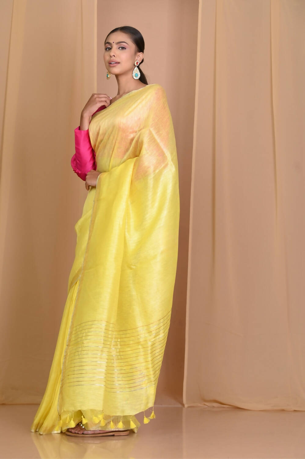 Very Much Indian Pure Linen Silk Saree With Sleek Border - Yellow