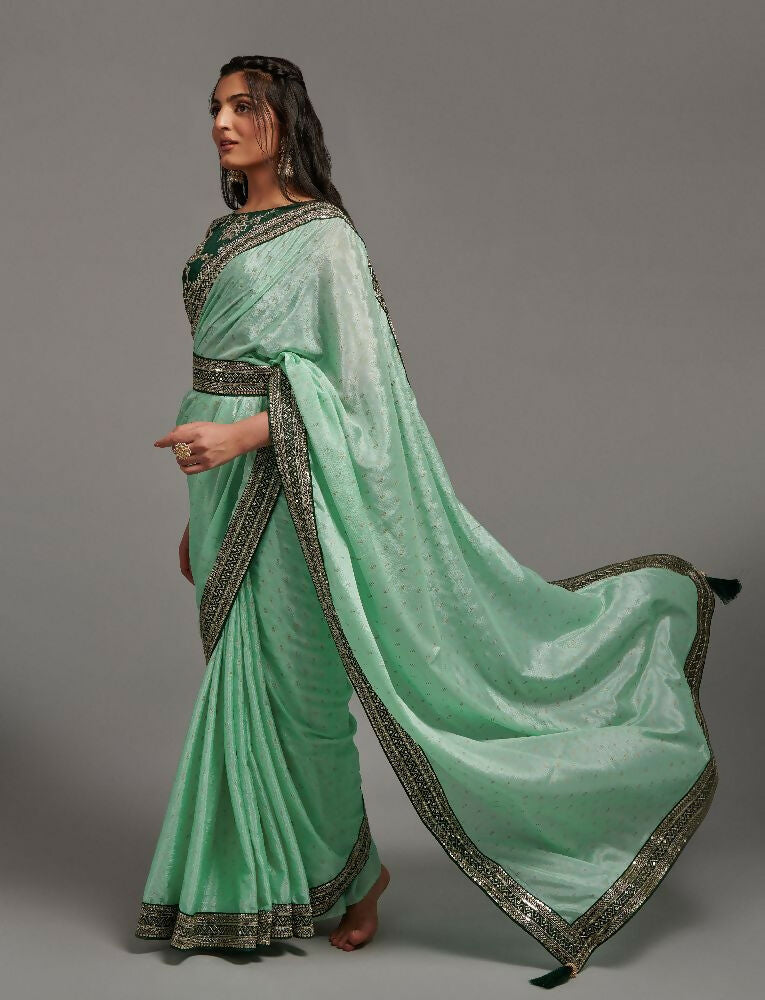 PR Fashion Pista Chinon Embroidery Lace Saree